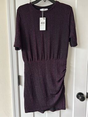 Mango Metallic Plum Short Sleeve Mini Dress